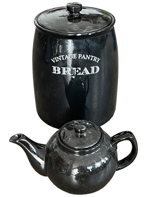 Black Pottery Bread Bin and Kettle Props, Prop Hire