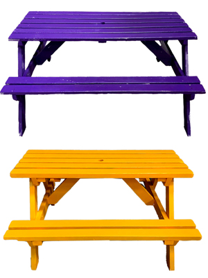 Picnic Benches - assorted colours (very worn) Props, Prop Hire
