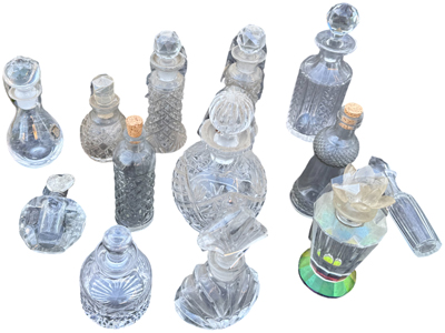 Antique Cut Glass Crystal Perfume Bottles Props, Prop Hire