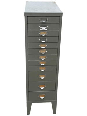 Rare Slim Grey Retro Drawer Filing Cabinet on Stand Props, Prop Hire