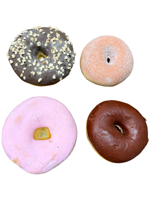 Realistic Replica Ring Donuts Chocolate Sugar Icing and Caramel Props, Prop Hire