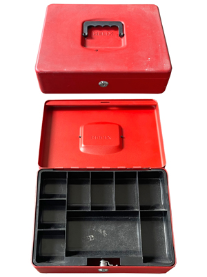 Large Red Metal Petty Cash Box Props, Prop Hire