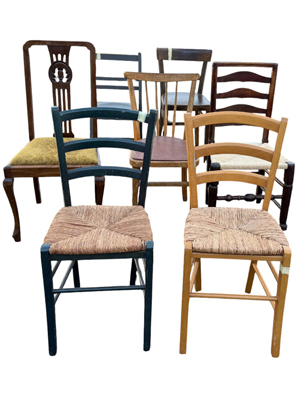 Random Retro Kitchen and Household Wooden Chairs (some sets) Props, Prop Hire