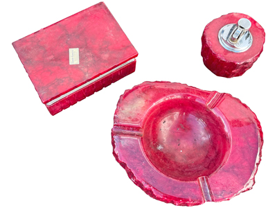 Red Alabaster Smokers Ashtray Box and Cigarette Lighter Props, Prop Hire