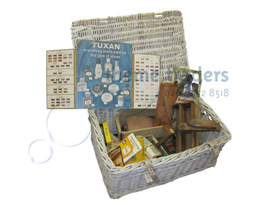 Cobblers shop in a box - Large wicker basket Props, Prop Hire