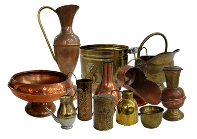 Assorted Copper and Brass Pots, Urns and Vases Props, Prop Hire