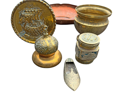 Brass and Copper Ornaments Pots Pomanders Props, Prop Hire