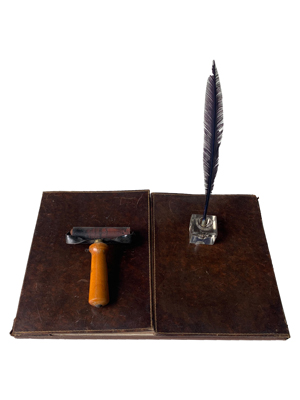 Leather Desk Blotter Inkwell and Quill and Roller Props, Prop Hire