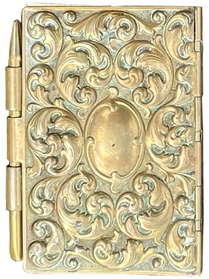 Ornate Brass Vintage Notebook and Pen Props, Prop Hire