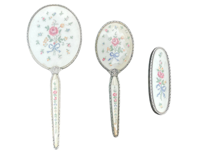 Ladies Retro Embroidered Dressing Table Brushhes and Mirror Props, Prop Hire