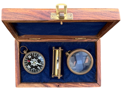 Antique Brass Compass Egg Timer Magnifying Glass in Wood Box Props, Prop Hire