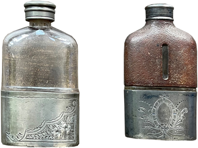 Pewter Glass Antique Leather Hip Flasks Props, Prop Hire