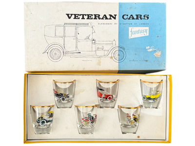 Veteran Cars Shot Glasses in Original Box Props, Prop Hire