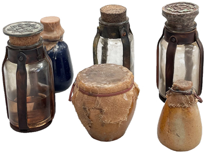 Ancient Curious and Leather Bound Jars Props, Prop Hire