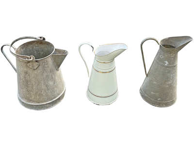 Galvanised Vintage Water Pouring Jugs Props, Prop Hire