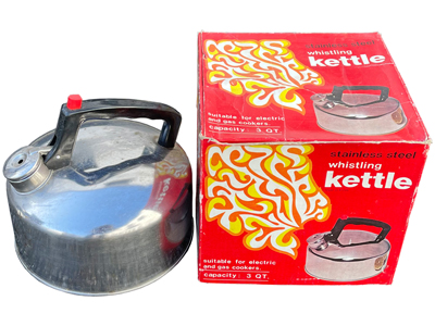 Retro Whistling Kettle in Vintage Original Packaging Props, Prop Hire