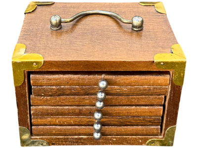 Antique Cork Coasters in Brass Corner Box Props, Prop Hire