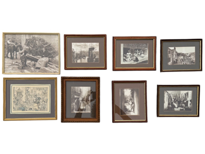 Framed Glazed Victorian Village and Sea Prints and Caricatures Props, Prop Hire