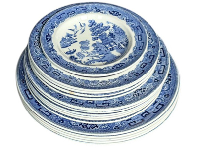 Blue Wilton Plates Varying Sizes Props, Prop Hire
