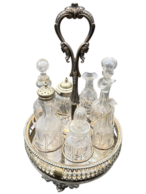 Antique Silver Plate Tall Cruet Condiment Set Props, Prop Hire