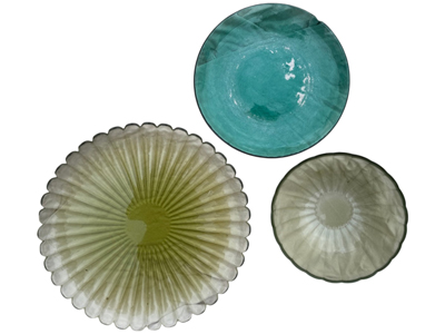 Green Glass Bowls and Plates Vintage Props, Prop Hire