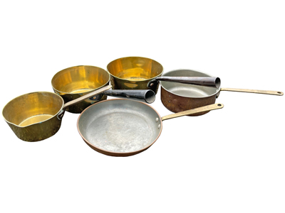 Copper Pots and Pans Saucepans Props, Prop Hire