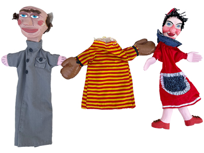 Punch and Judy Carved Retro Wood Hand Puppets Props, Prop Hire