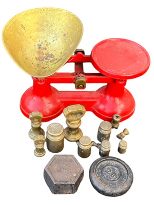 Retro Red Balance Scale with Weights Props, Prop Hire
