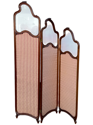 Victorian Handcarved Wood Upholstered Boudoir 3 Part Screen with Glass Top Props, Prop Hire