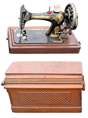 Singer Sewing Machine in Carved Wood Case Props, Prop Hire