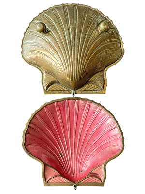 Deco Enamelled Brass Scallop Dish Props, Prop Hire