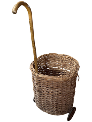 Granny Wicker Shopping Basket on Wheels Walking Stick Props, Prop Hire