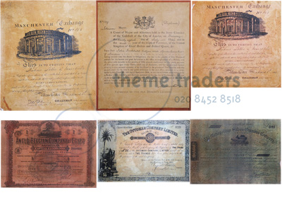 Old Financial and City Certicates and Newspaper Signs on Board Props, Prop Hire