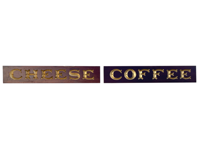 Cheese Coffee Gold Carved Period Signs Props, Prop Hire