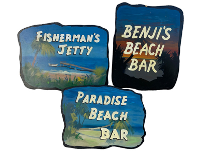 Beach Tropical Bar Jetty Shandpainted Character Signs Props, Prop Hire