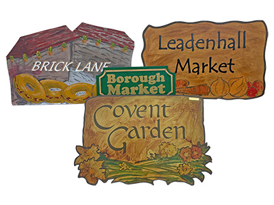 Handpainted London Market Signs Props, Prop Hire