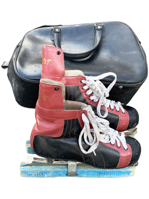 Vintage Mens Ice Skates in Vinyl Bag Props, Prop Hire