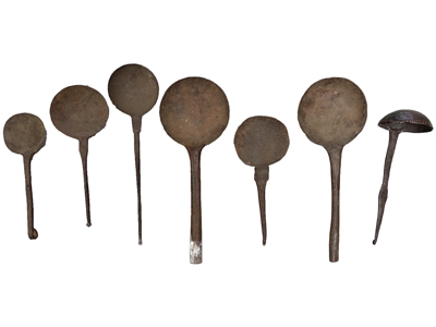 Ancient Metal Flat Spoons and Ladles Props, Prop Hire