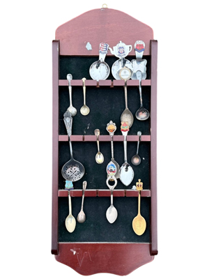 Spoon Collection Souvenir in Antique Wood Wall Display Props, Prop Hire