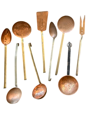 Ancient Copper Large Kitchen Spatulas Forks Ladels Spoons Props, Prop Hire
