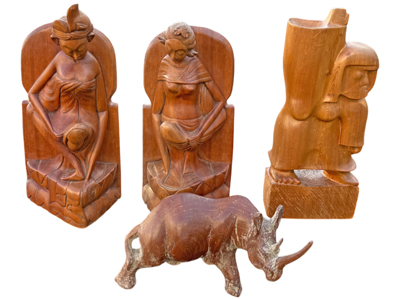 African Hand Carved Wood Figures and Rhino Props, Prop Hire