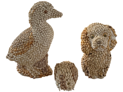 Rare Shell Covered Statuettes dog ducks hedgehog Props, Prop Hire
