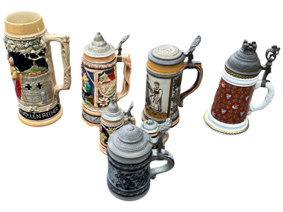 Collection of Vintage Decorated Steins Props, Prop Hire
