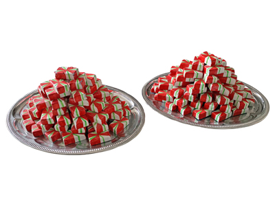 Red Nougat Sweets On Silver Platters Props, Prop Hire