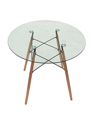 Circular Glass Table with Wooden Legs Props, Prop Hire