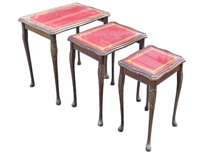 Red Leather Top Nest of Tables (as a set) Props, Prop Hire