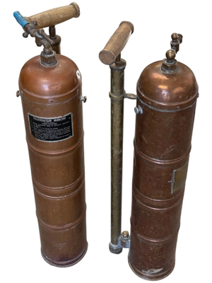 Pulvarisateur Brass Copper Wood Victorian Sprayers fire extinguisher Props, Prop Hire