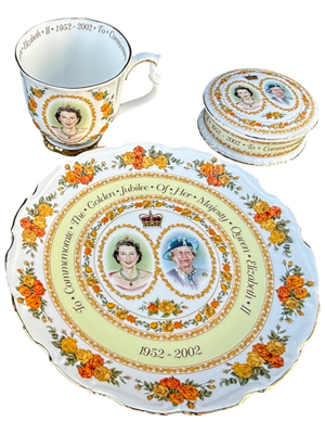 Royal Golden Jubilee Porcelain Printed Plate Bowl Teacup Props, Prop Hire