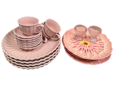 Pink Crockery and Tea Cups Plates Fantasy Alice Props, Prop Hire