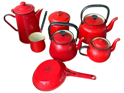 Red Enamel Teapot Coffee Pot Pans Jugs Props, Prop Hire